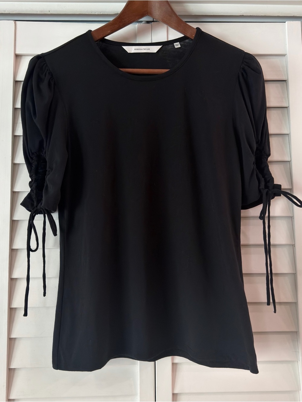 Rebecca Taylor Black Puff Sleeve Knit Top Drawstring Ties Crew Neck Size M